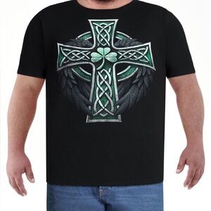 Men's Celtic Cross Graphic Tee - Black with Green Accent Size 2XL